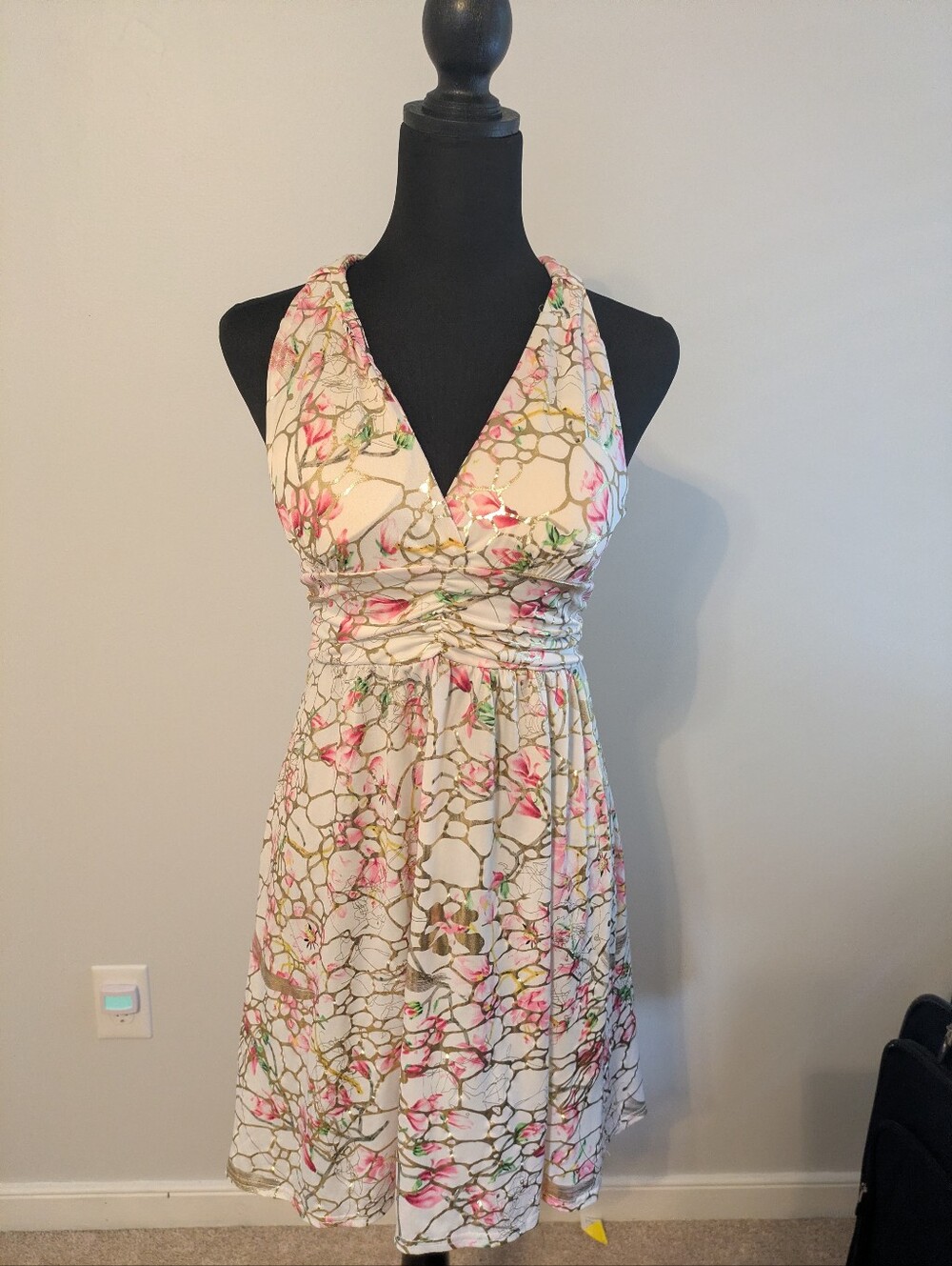 India Boutique White Floral Gold Foil Accent Halter Sundress Ruched Waist